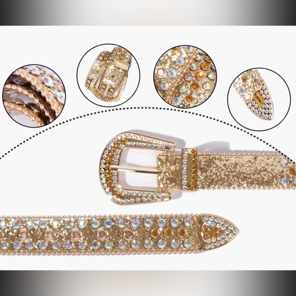 New Gorgeous Gold Embellished Rhinestone Western Decor Belt 7 Adjustable Holes - Picture 3 of 11